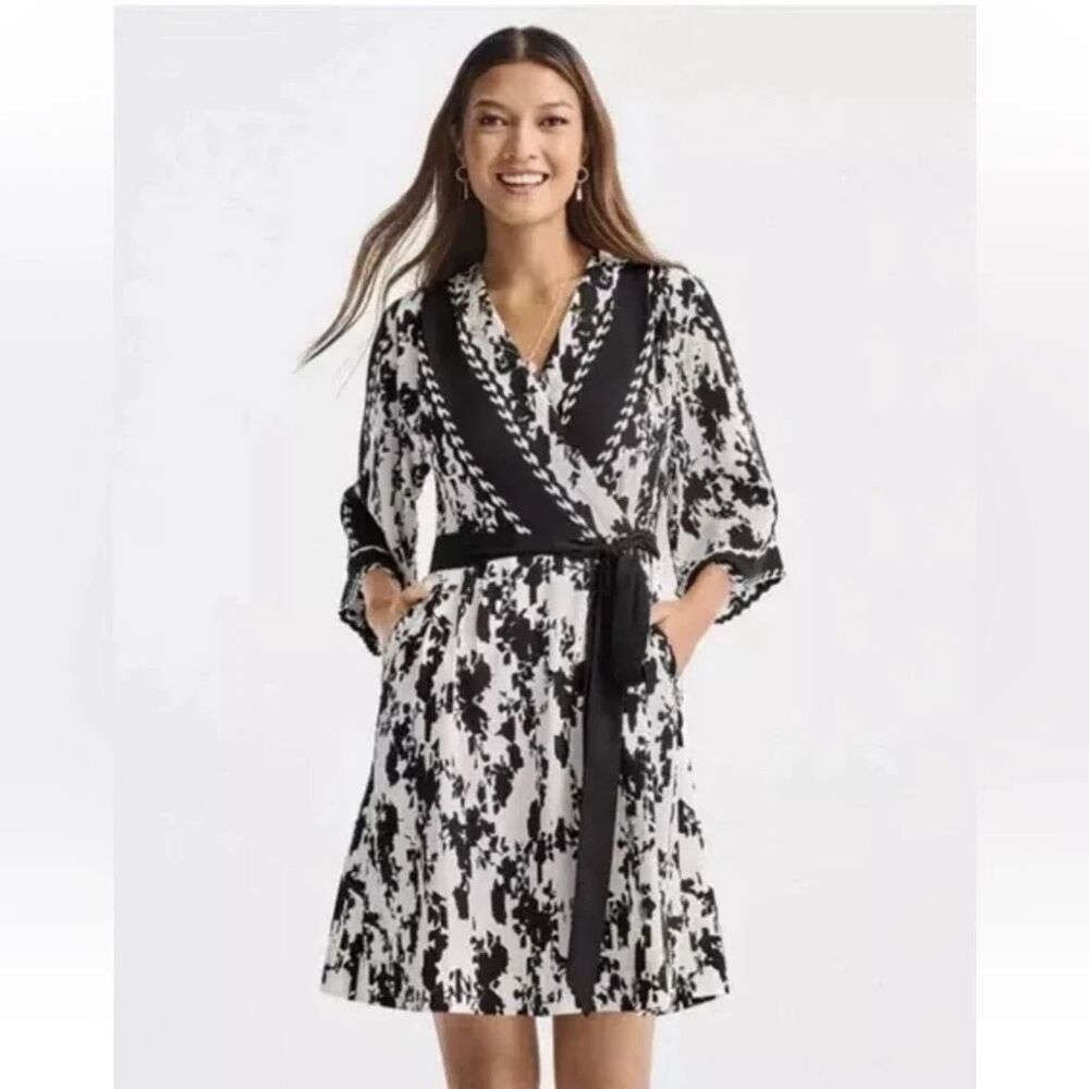 CAbi X Factor Mini Dress Small Black & White Floral-Faux Wrap/Flowy/Boho- NWOT